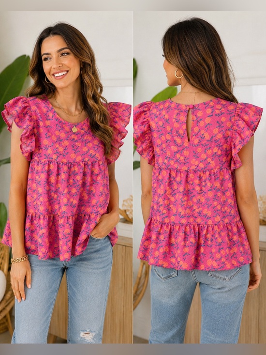 THML Tops - THML Pink Orange Print Ruffle Sleeve Peplum Blouse Top Women’s Medium Boho